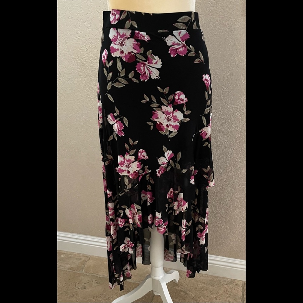 American Rag Navy Lightweight Sheer High Low Skirt with Pink Flowers